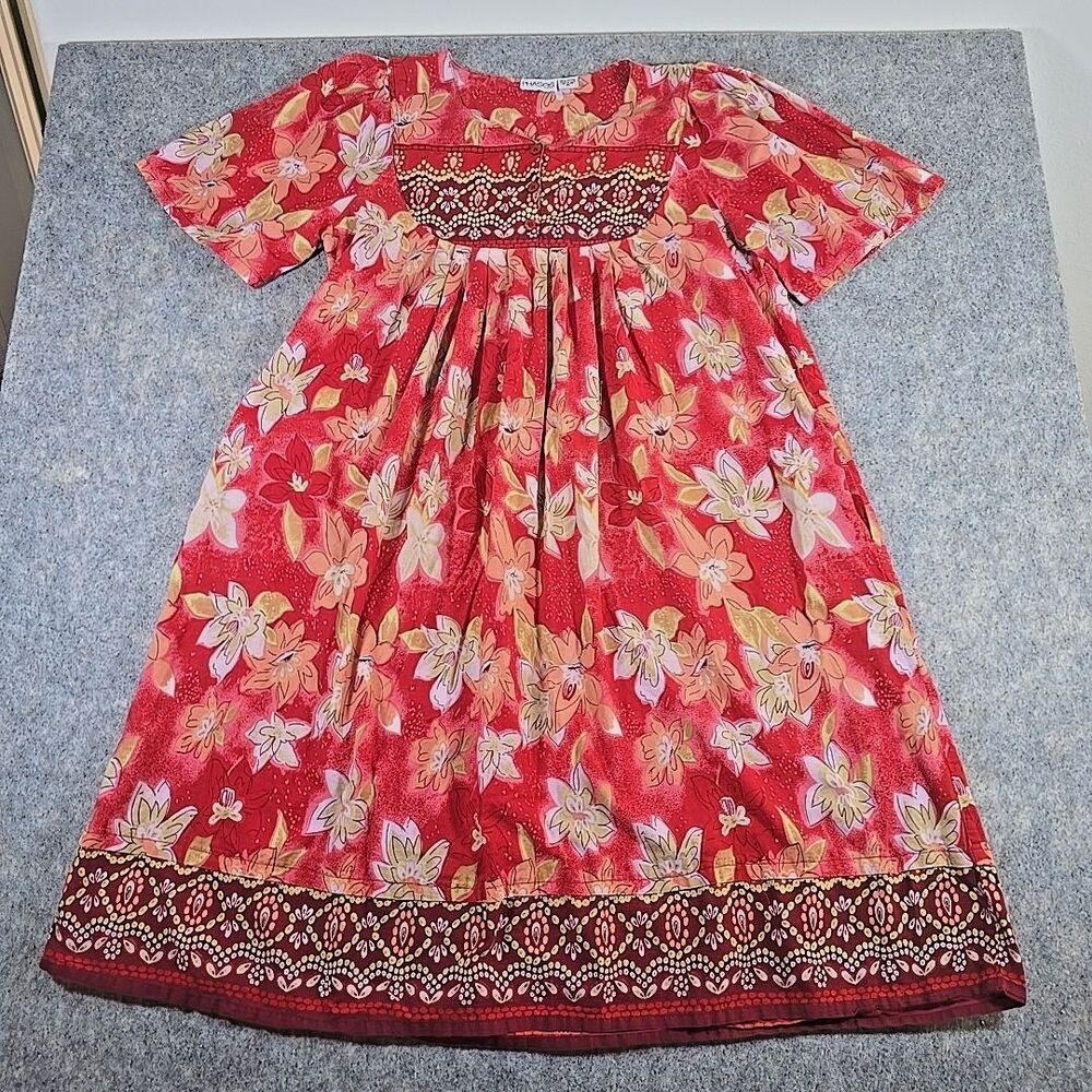 Vintage Phases Women's XL Midi House Dress Red & Pink Floral Short Sleeve Cotton